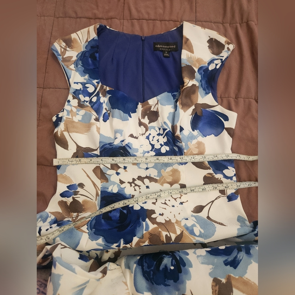 Connected Apparel Blue and Brown Floral Midi Dress Sz 12 - Picture 5 of 8